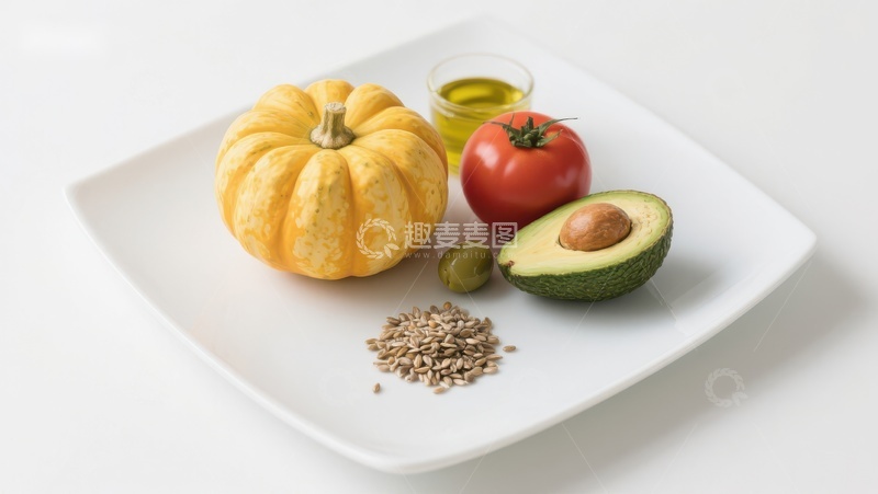 高清大图下载【趣麦麦图】健康食材组合：南瓜、番茄、牛油果与橄榄油