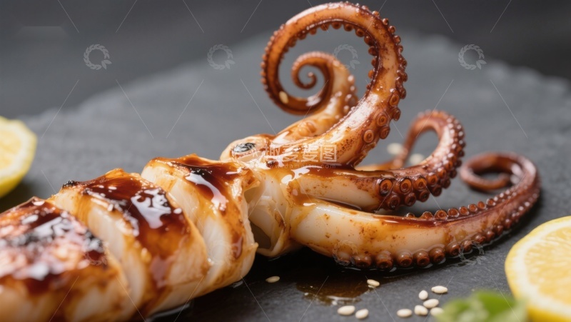 高清大图下载【趣麦麦图】酱汁淋洒的烤鱿鱼特写