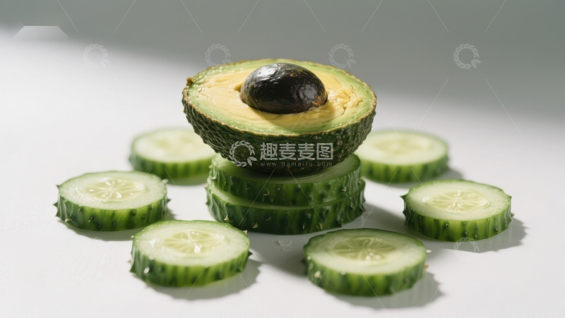 高清大图下载【趣麦麦图】切片黄瓜上的半个牛油果