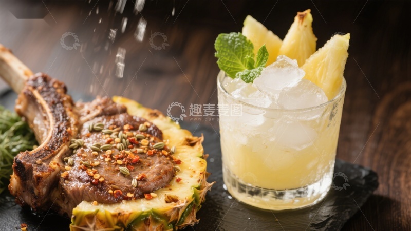 高清大图下载【趣麦麦图】菠萝配肉与鸡尾酒的创意美食组合