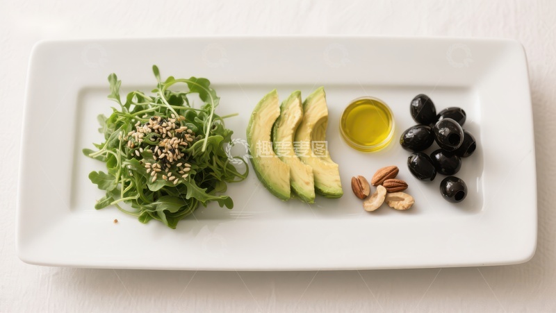 高清大图下载【趣麦麦图】健康食材拼盘：生菜、牛油果、橄榄与坚果
