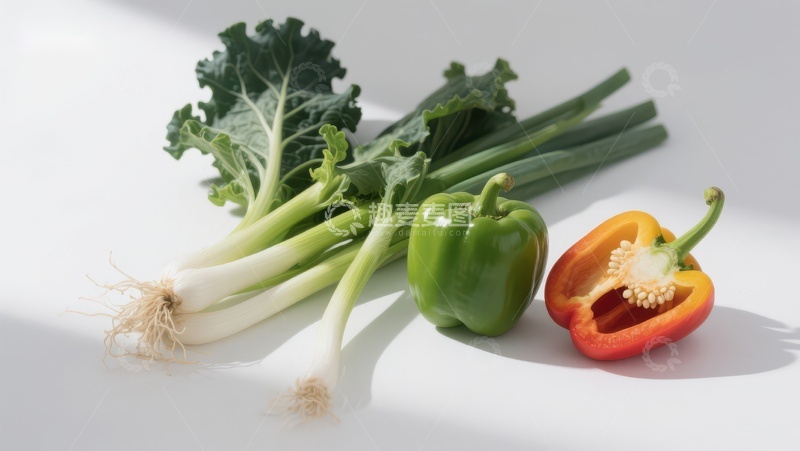 高清大图下载【趣麦麦图】新鲜蔬菜组合：青椒、红椒与绿叶菜
