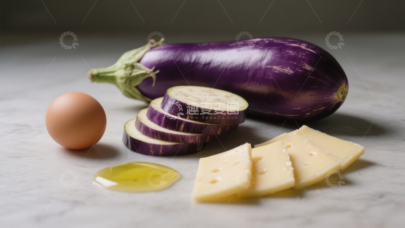 高清大图下载【趣麦麦图】紫茄子、鸡蛋与奶酪的静物组合