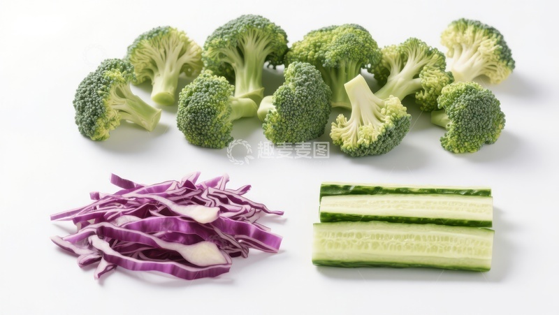 高清大图下载【趣麦麦图】新鲜蔬菜：西兰花、紫甘蓝和黄瓜