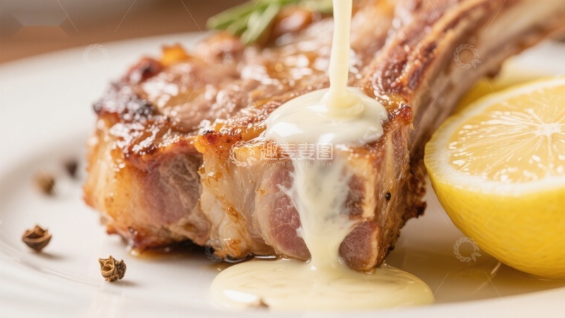 高清大图下载【趣麦麦图】羊排淋酱，配柠檬与香草