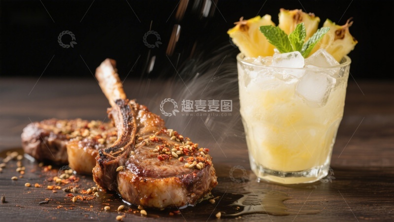 高清大图下载【趣麦麦图】香煎羊排配菠萝冰爽饮品