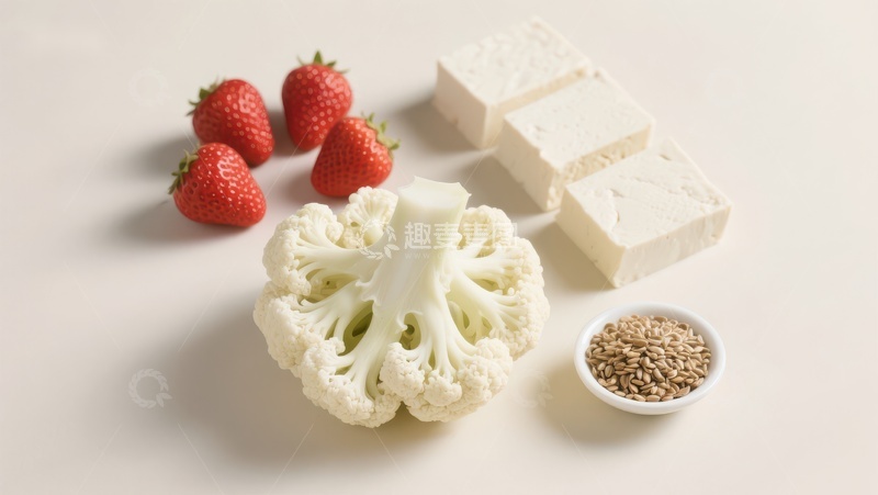 高清大图下载【趣麦麦图】新鲜食材组合：花椰菜、豆腐与草莓
