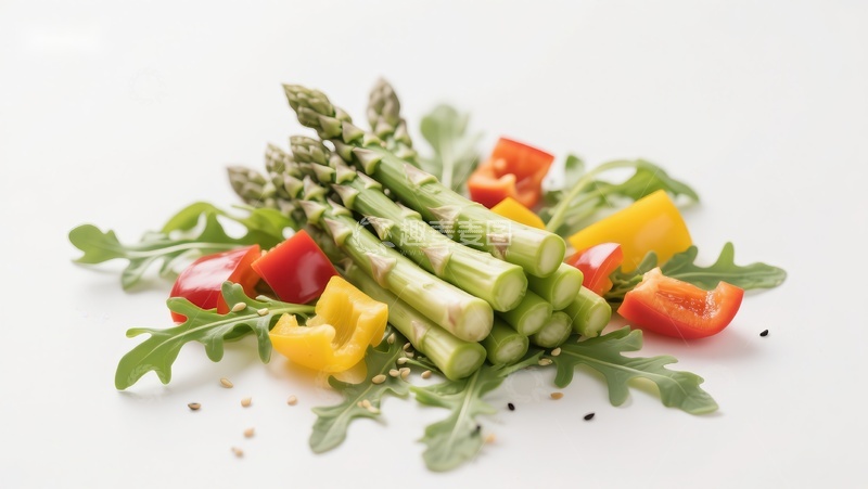 高清大图下载【趣麦麦图】新鲜芦笋与彩椒搭配绿叶蔬菜