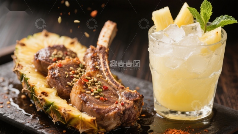 高清大图下载【趣麦麦图】菠萝配羊排与清凉饮品