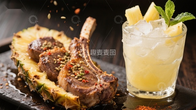 菠萝配羊排与清凉饮品
