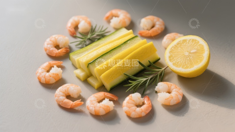 高清大图下载【趣麦麦图】虾仁、柠檬与西葫芦的清新组合