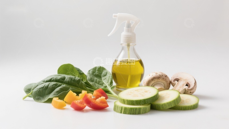 高清大图下载【趣麦麦图】新鲜蔬菜与橄榄油喷瓶