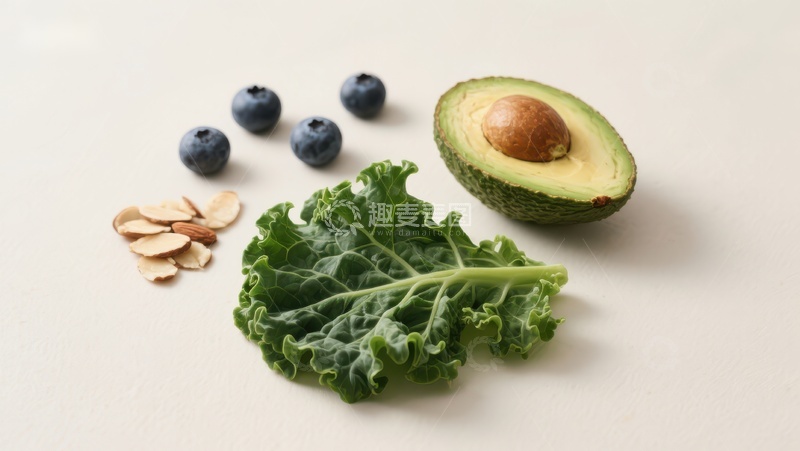 高清大图下载【趣麦麦图】健康食材组合：牛油果、羽衣甘蓝、蓝莓和杏仁