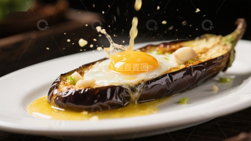高清大图下载【趣麦麦图】-烤茄子配煎蛋，蛋黄四溢