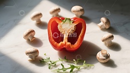 红椒蘑菇围成的美食构图