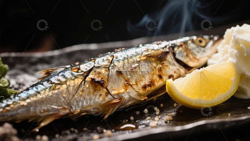 高清大图下载【趣麦麦图】烤鱼配柠檬，热气腾腾