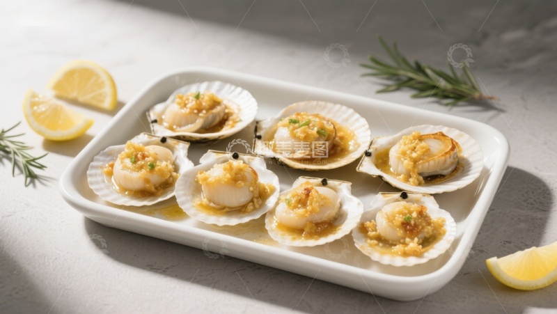 精致扇贝料理，点缀柠檬与香草