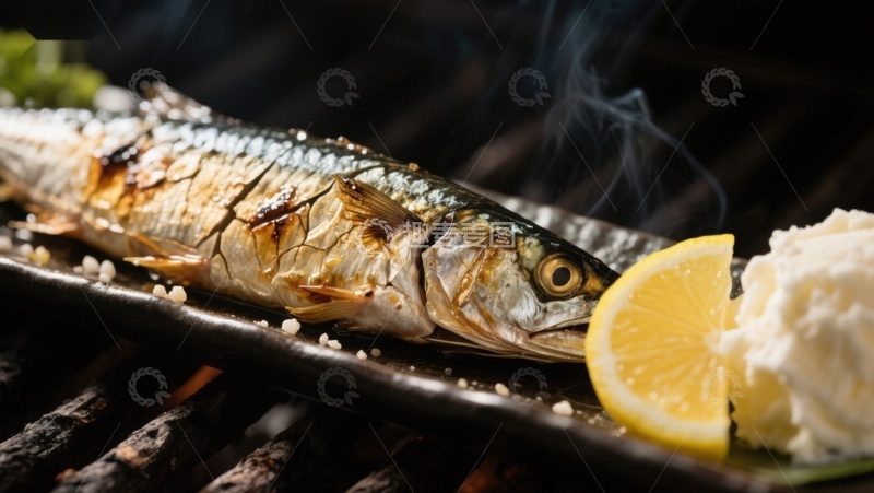 高清大图下载【趣麦麦图】烤鱼配柠檬，烟雾缭绕