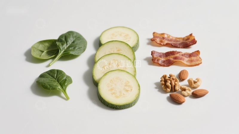 高清大图下载【趣麦麦图】新鲜食材组合：菠菜、黄瓜片、坚果与培根