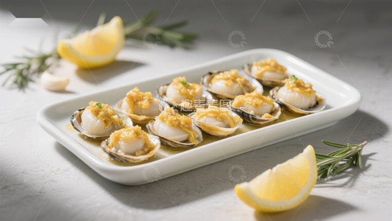 高清大图下载【趣麦麦图】新鲜扇贝配柠檬与香草