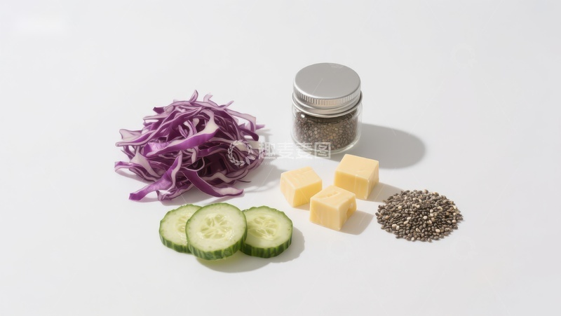 高清大图下载【趣麦麦图】健康食材组合：紫甘蓝、黄瓜、奶酪与奇亚籽
