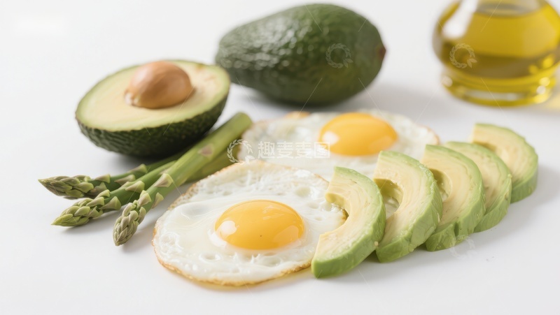 高清大图下载【趣麦麦图】煎蛋配牛油果与芦笋的健康早餐