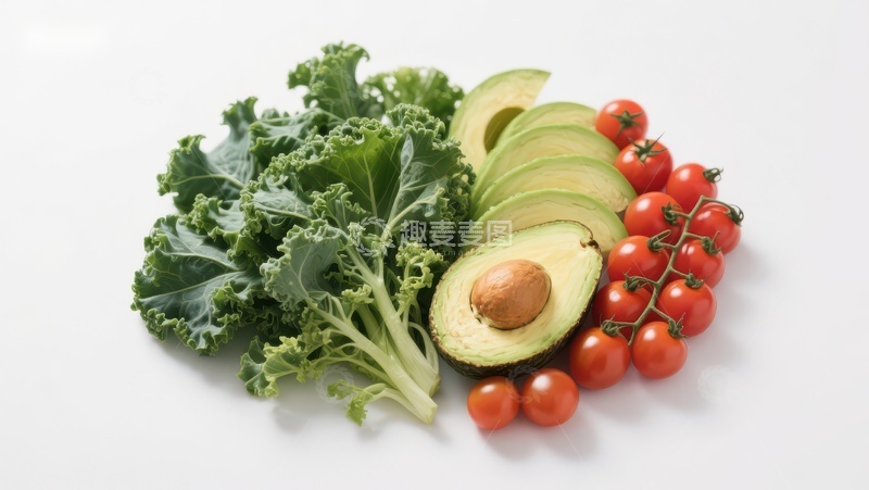 高清大图下载【趣麦麦图】新鲜蔬菜组合：羽衣甘蓝、牛油果和樱桃番茄