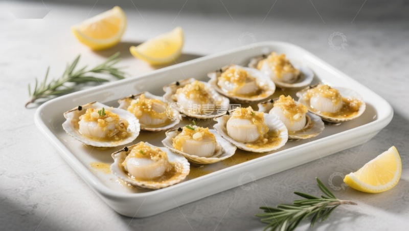高清大图下载【趣麦麦图】蒜蓉扇贝配柠檬与迷迭香