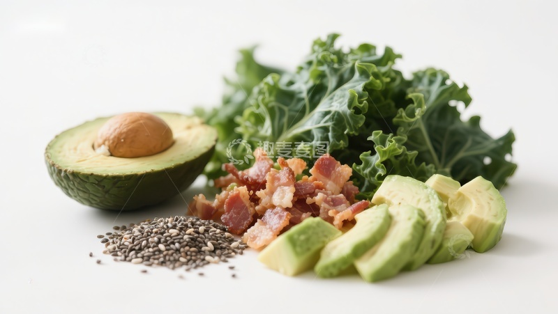 高清大图下载【趣麦麦图】健康食材组合：牛油果、羽衣甘蓝与培根