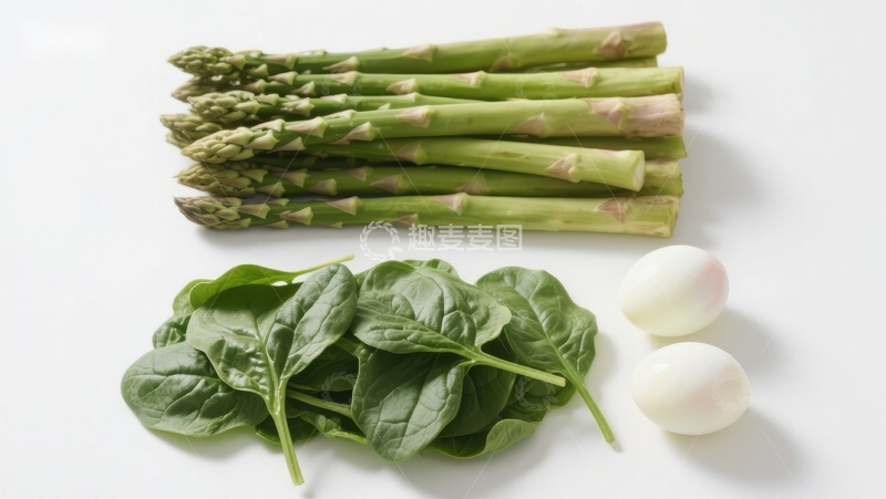 高清大图下载【趣麦麦图】新鲜芦笋、菠菜与煮蛋