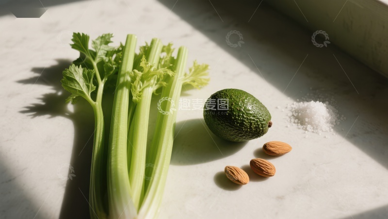 高清大图下载【趣麦麦图】芹菜、牛油果与杏仁的健康组合
