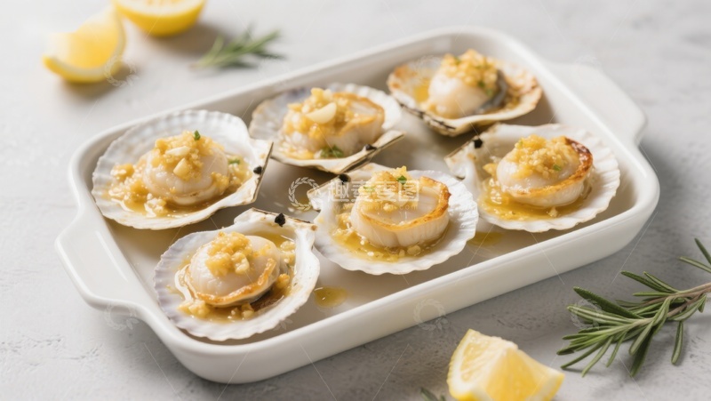 高清大图下载【趣麦麦图】蒜蓉烤扇贝，搭配柠檬与迷迭香