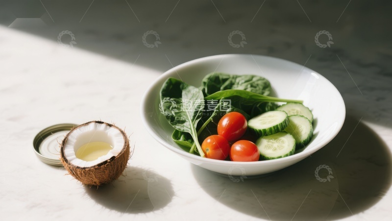 高清大图下载【趣麦麦图】新鲜蔬菜与椰子的健康搭配