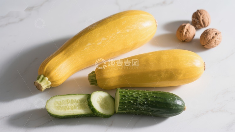 高清大图下载【趣麦麦图】黄色西葫芦与黄瓜及核桃的静物组合