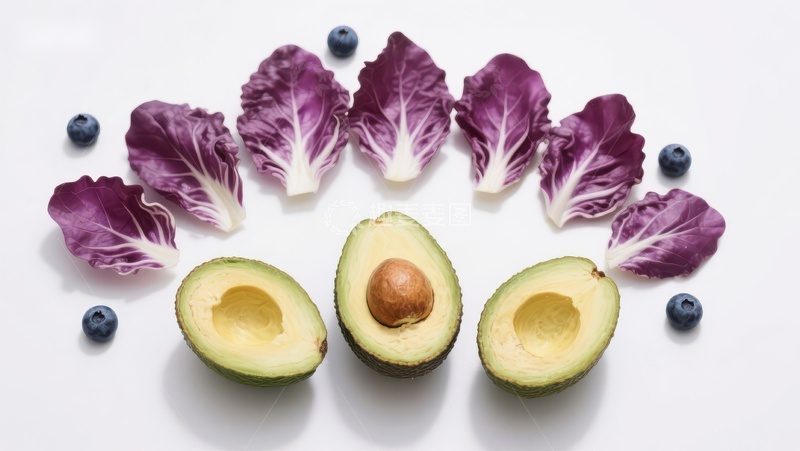 高清大图下载【趣麦麦图】牛油果与紫叶生菜蓝莓的创意排列