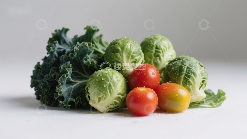 高清大图下载【趣麦麦图】新鲜蔬菜组合：卷心菜、羽衣甘蓝与樱桃番茄