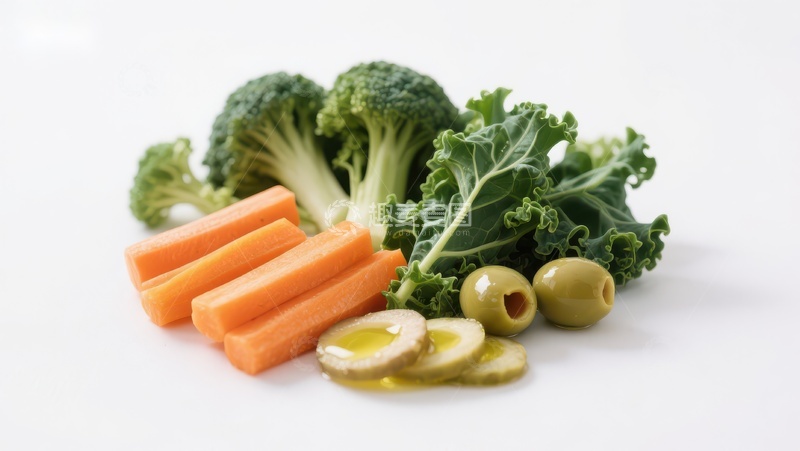 高清大图下载【趣麦麦图】新鲜蔬菜组合：西兰花、胡萝卜、羽衣甘蓝和橄榄