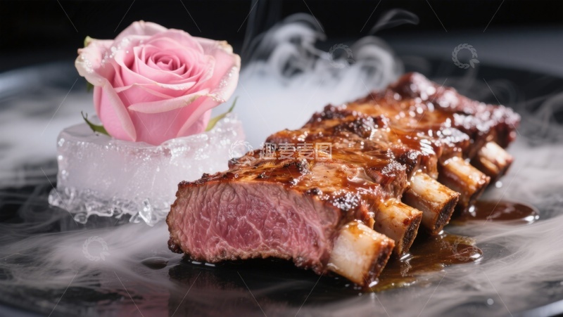 高清大图下载【趣麦麦图】烟雾缭绕的烤肋排配冰镇玫瑰