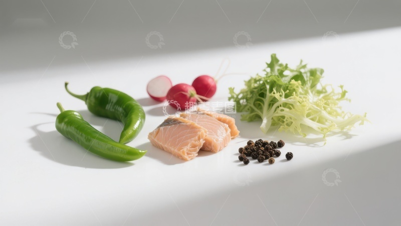 高清大图下载【趣麦麦图】-新鲜食材：三文鱼、青椒与生菜