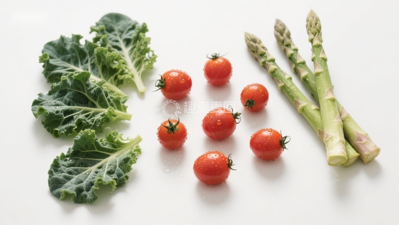 高清大图下载【趣麦麦图】新鲜蔬菜组合：羽衣甘蓝、樱桃番茄和芦笋