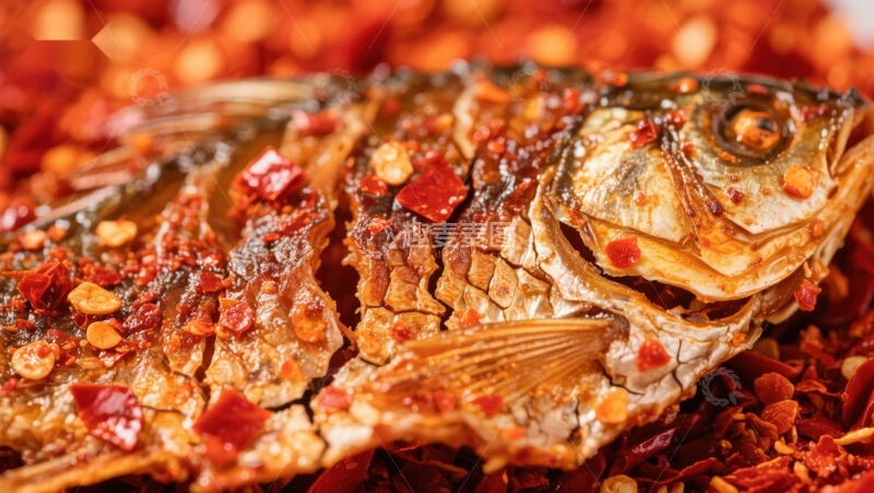 香辣烤鱼，辣椒环绕的美味