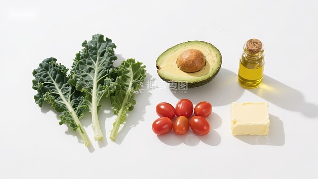 健康食材组合：羽衣甘蓝、牛油果、樱桃番茄等