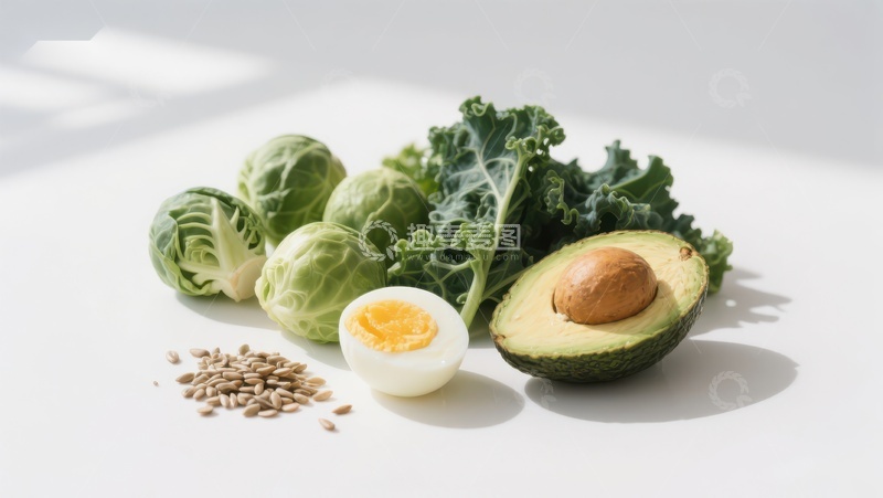 高清大图下载【趣麦麦图】健康食材组合：牛油果、鸡蛋与绿叶蔬菜