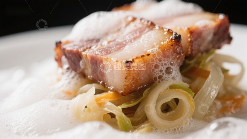 高清大图下载【趣麦麦图】煎五花肉配炒洋葱泡沫