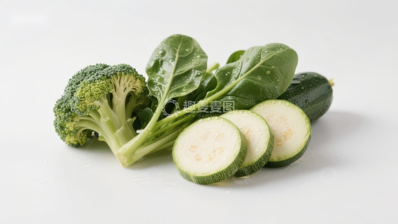 高清大图下载【趣麦麦图】新鲜蔬菜组合：西兰花、菠菜与切片南瓜