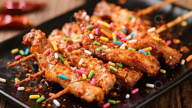 彩色糖果装饰的烤肉串