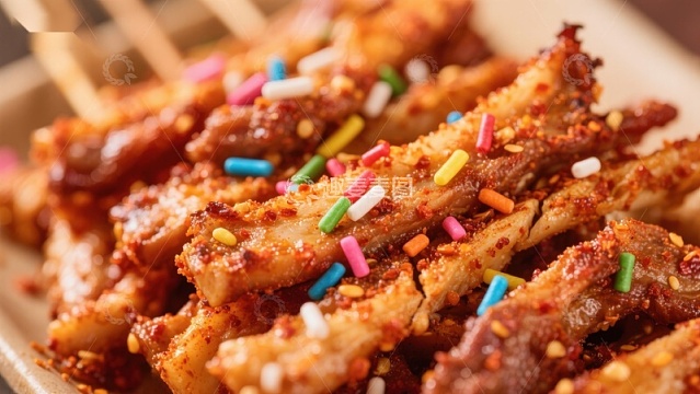 彩色糖果装饰的烤肉串