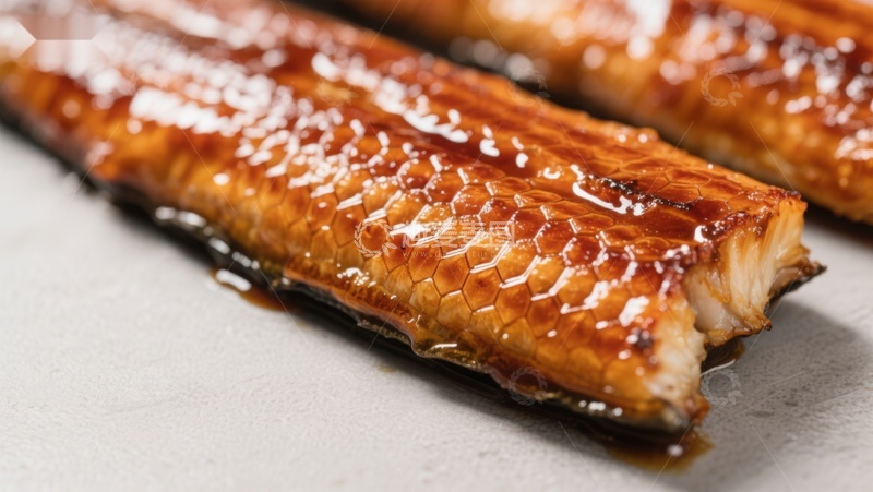 烤鳗鱼特写，酱汁光泽诱人