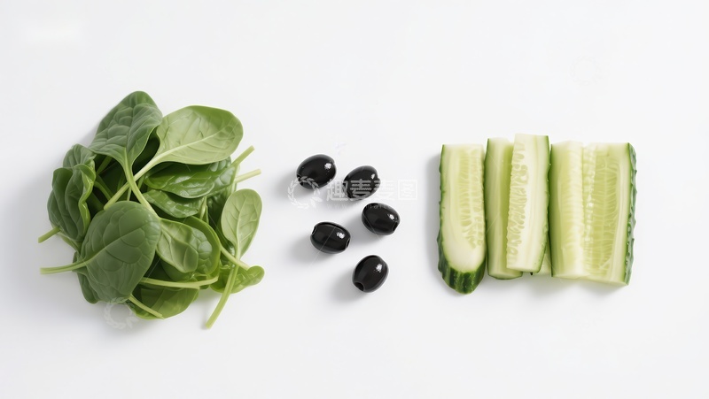 高清大图下载【趣麦麦图】新鲜蔬菜组合：菠菜、橄榄与黄瓜