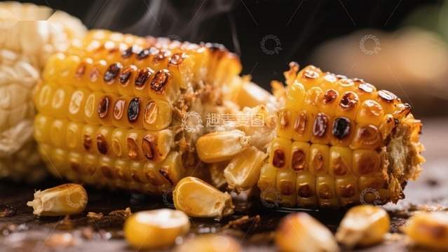 烤玉米特写，热气腾腾